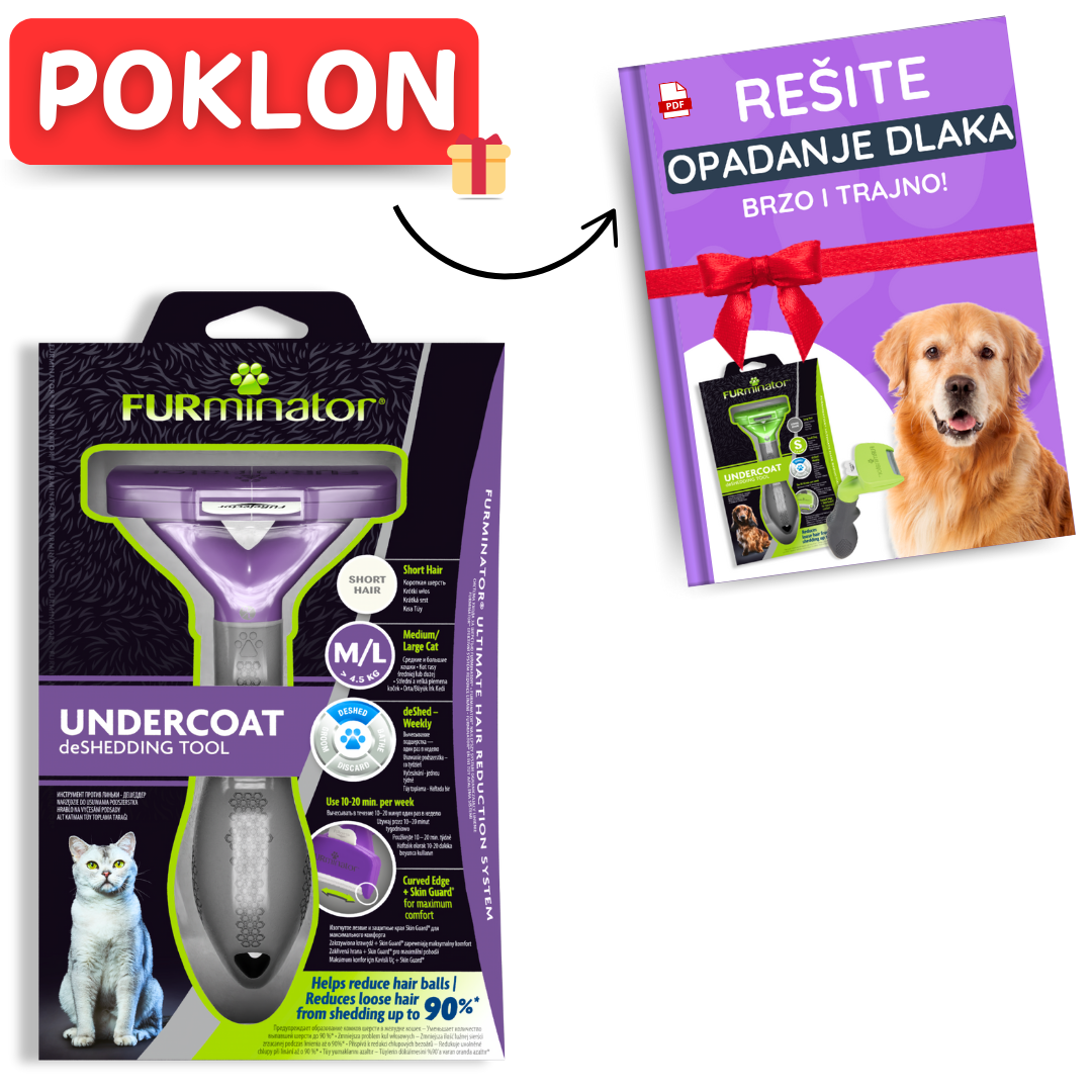 Furminator za srednje i velike mačke sa kratkom dlakom M/L (GRATIS - kompletan vodič korišćenja)