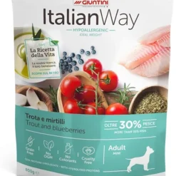 Italian Way Hypoallergenic Trout and Blueberries Mini Adult – Vrhunska hrana za odrasle pse malih i minijaturnih rasa sa pastrmkom i borovnicom bez zitarica 8kg