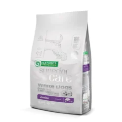 Nature’s Protection Superior Care White Dog Grain Free Salmon Junior 1,5kg – Potpuna hrana bez žitarica za štenad svih rasa i veličina sa svetlom dlakom, sa lososom, formulisana za zdrav rast, sjajno krzno i optimalnu probavu.