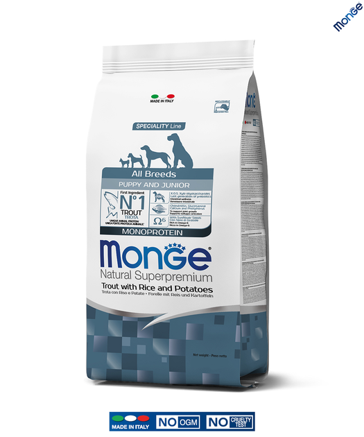 Monge All Breeds Puppy & Junior Monoprotein Pastrmka i Pirinač – Kompletna ishrana za štenad svih rasa 12kg