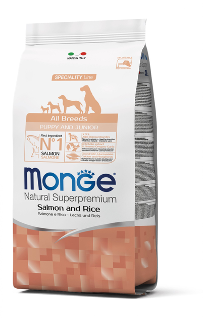 Monge All Breeds Puppy & Junior Losos i Pirinač – Kompletna ishrana za štence svih rasa