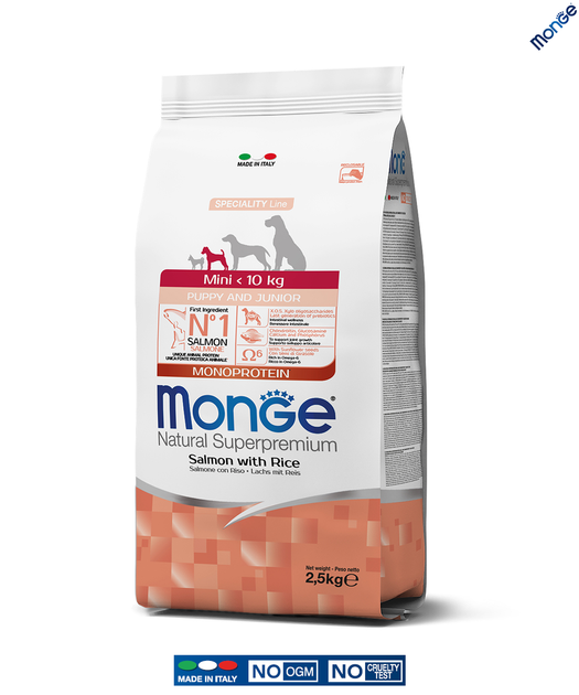 Monge Mini Puppy & Junior Losos i Pirinač – Kompletna ishrana za štence malih rasa